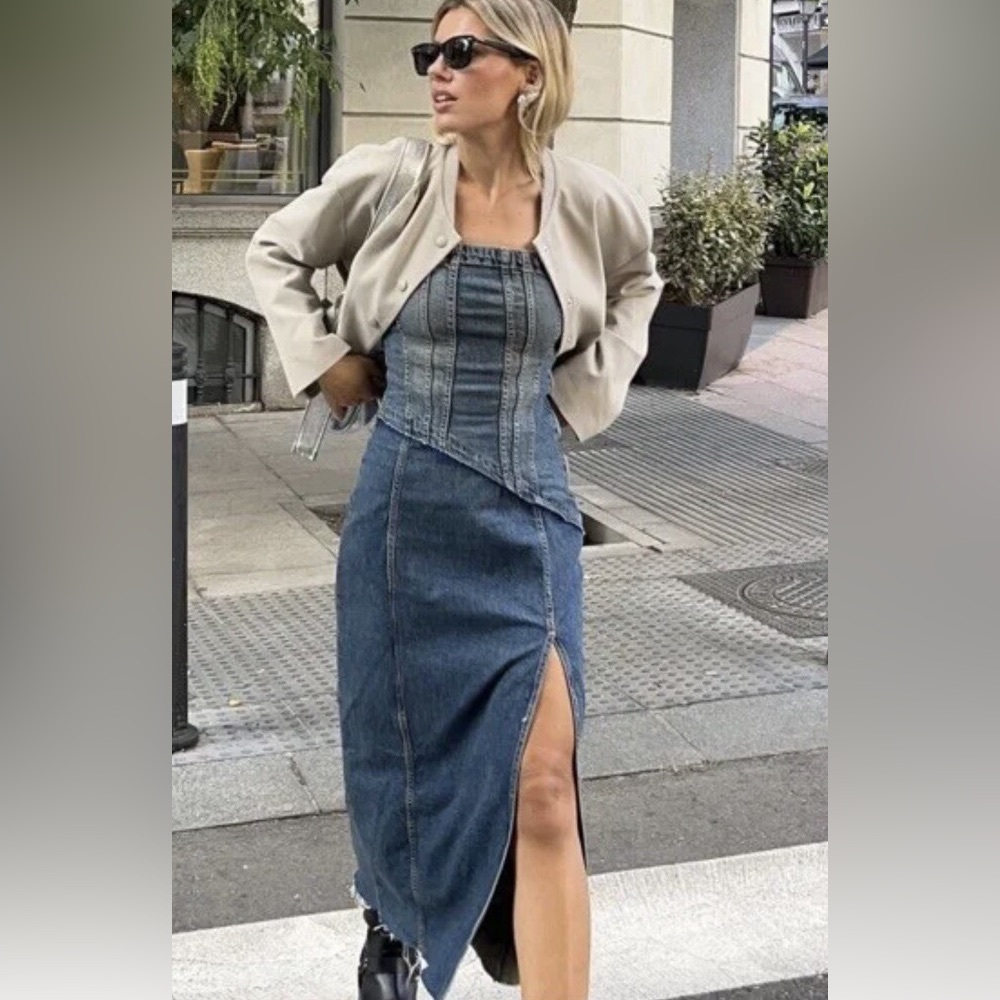 Zara NWT Distressed Navy Denim Strapless Midi Dress w/ Side Slit (Size XS) - Picture 1 of 9